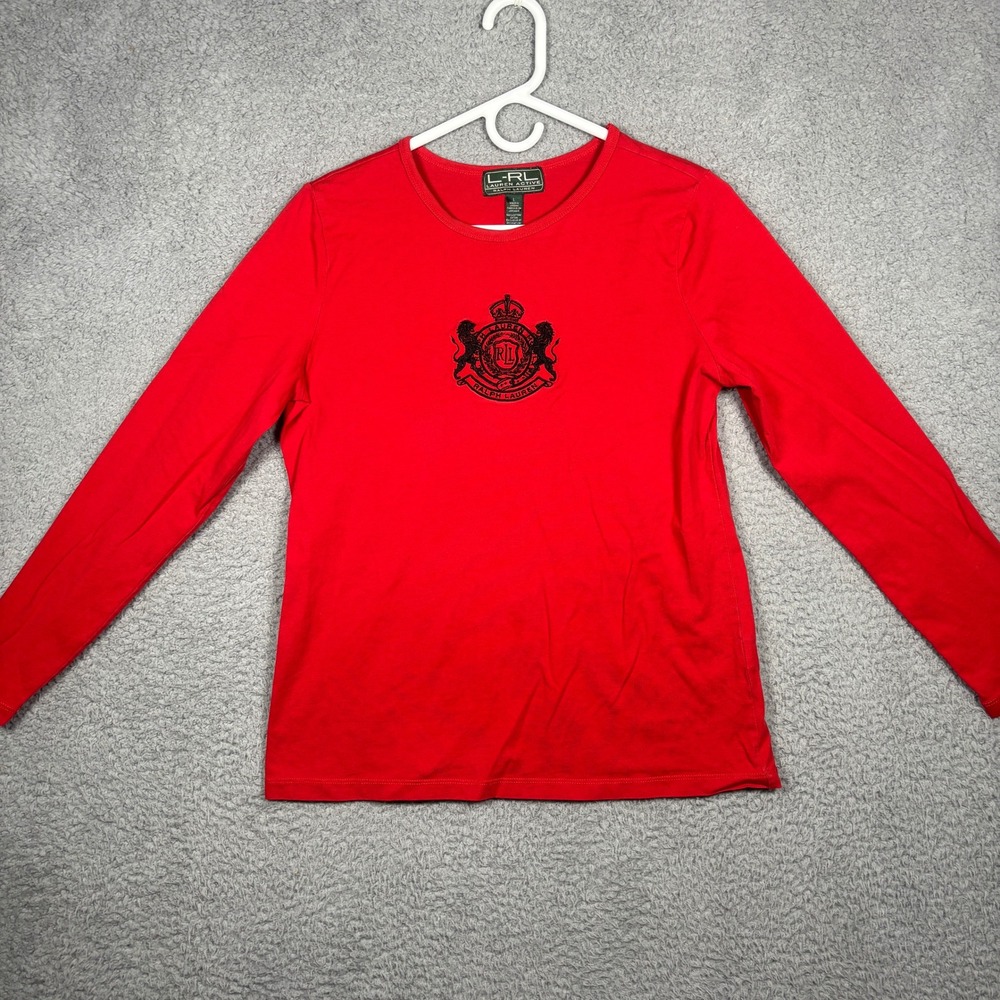 Lauren Active Ralph Lauren Red Long Sleeve Embroidered Crest Logo Top Large